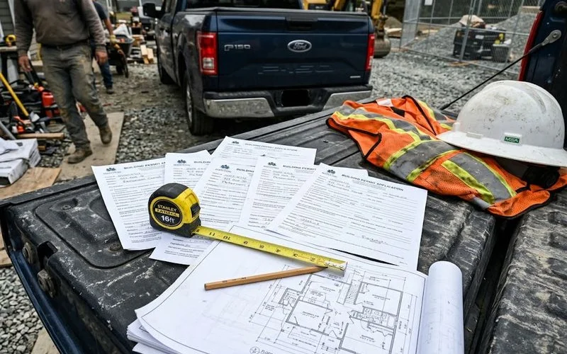 A municipal building permit application form next to a set of house blueprints on a desk