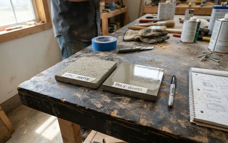 Side-by-side comparison of a standard epoxy garage floor and a polyaspartic-coated garage floor, both freshly finished