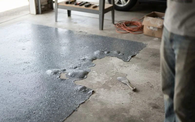 Close-up of an epoxy garage floor coating showing peeling and lifting near a wall edge, a common early failure pattern