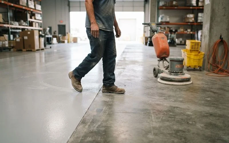 Two-part comparison image showing a glossy polished concrete floor on one side and a coloured resurfaced epoxy floor on the other