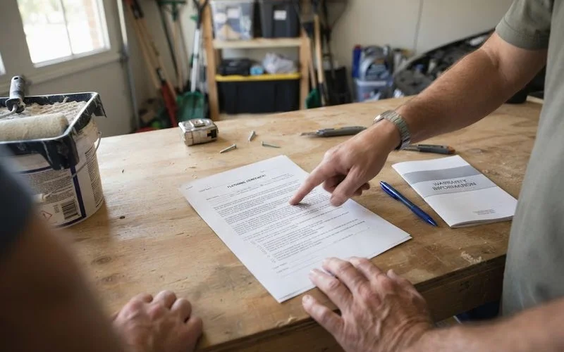 Homeowner and contractor reviewing a printed contract and warranty document together at a kitchen table before signing