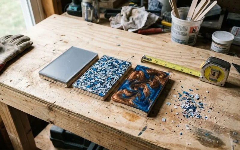 Three floor samples side by side showing a solid grey epoxy finish, a multi-coloured flake broadcast finish, and a swirled metallic epoxy finish