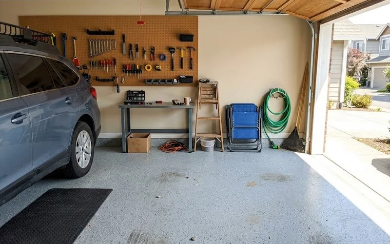 A clean, finished garage floor with fresh epoxy coating staged with a car parked inside, photographed for a real estate listing