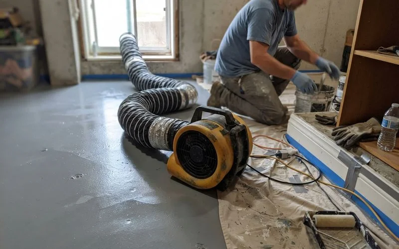 Box fan positioned in an open basement window providing ventilation during an indoor epoxy floor coating application