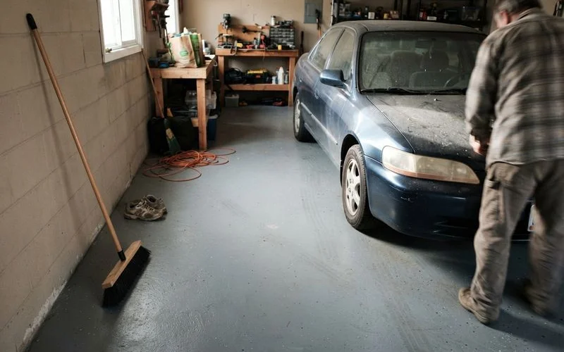 Close-up of a well-maintained epoxy garage floor several years after installation showing minimal wear and a glossy, intact finish